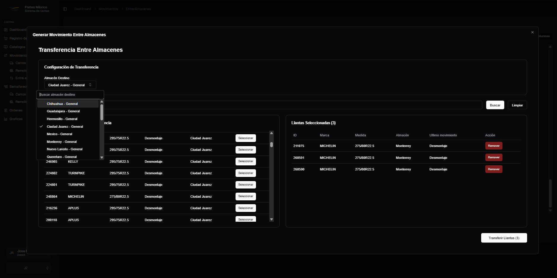 Pantalla de transferencia entre almacenes con selección de destino y lista de llantas